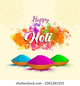 This digital image is a Holi greeting card featuring Happy Holi in a stylized font vibrant color splashes and bowls of blue pink and green gulal The background is light with a faint mandala design