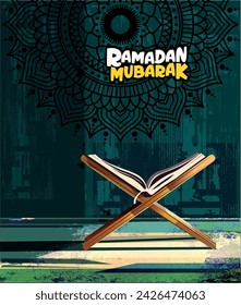 This is a digital image of a wooden cross-stand known as a rehal, which is used to hold the Quran. The scene is set a textured, blue background, the overall aesthetic suggesting a religious theme.