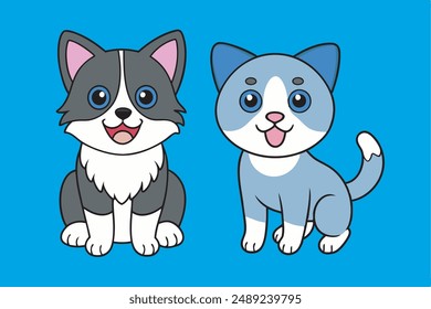 This digital product features a delightful vector art illustration of a British Shorthair Cat kitten and a Border Collie Dog together, both with happy expressions.