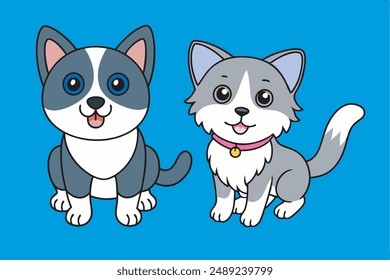 This digital product features a delightful vector art illustration of a British Shorthair Cat kitten and a Border Collie Dog together, both with happy expressions.