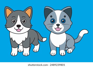 This digital product features a delightful vector art illustration of a British Shorthair Cat kitten and a Border Collie Dog together, both with happy expressions.