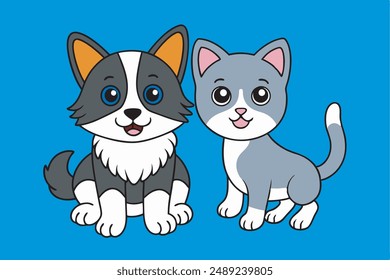 This digital product features a delightful vector art illustration of a British Shorthair Cat kitten and a Border Collie Dog together, both with happy expressions.