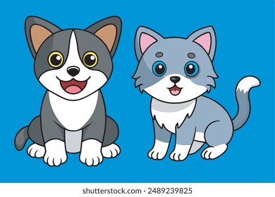 This digital product features a delightful vector art illustration of a British Shorthair Cat kitten and a Border Collie Dog together, both with happy expressions.