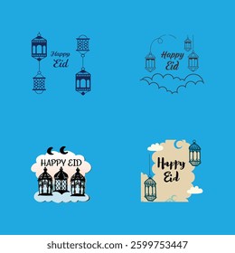 This digital product features "Happy Eid" typography artfully integrated behind illustrations of traditional lanterns and soft cloud textures, creating a layered and festive design.