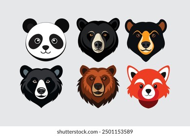 This digital product features high-quality vector artwork depicting the heads of various bear species, including Panda, Spectacled, Sun, Grizzly, American, and Asiatic Black Bears.