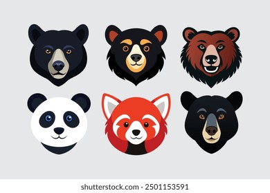 This digital product features high-quality vector artwork depicting the heads of various bear species, including Panda, Spectacled, Sun, Grizzly, American, and Asiatic Black Bears.
