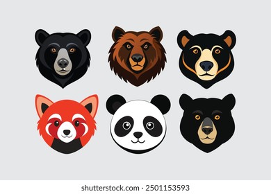 This digital product features high-quality vector artwork depicting the heads of various bear species, including Panda, Spectacled, Sun, Grizzly, American, and Asiatic Black Bears.