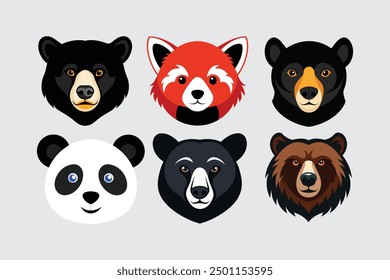 This digital product features high-quality vector artwork depicting the heads of various bear species, including Panda, Spectacled, Sun, Grizzly, American, and Asiatic Black Bears.