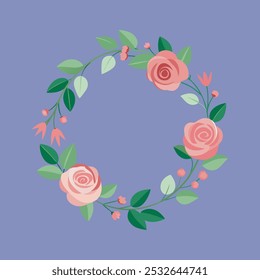 Este producto digital cuenta con una corona de acuarela floral púrpura con patrones verdes, perfecto para proyectos de Diseño gráfico. Ofrece una obra de arte de Vector vibrante y elegante para invitaciones e impresiones.