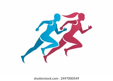 Este producto digital cuenta con una obra de arte de Vector de una pareja corriendo en movimiento dinámico. Perfecto para diseños relacionados con el fitness, el gráfico captura el movimiento enérgico y el atletismo.