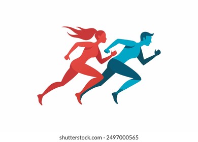 Este producto digital cuenta con una obra de arte de Vector de una pareja corriendo en movimiento dinámico. Perfecto para diseños relacionados con el fitness, el gráfico captura el movimiento enérgico y el atletismo.