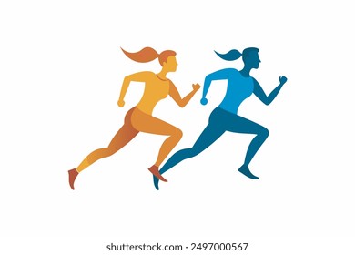 Este producto digital cuenta con una obra de arte de Vector de una pareja corriendo en movimiento dinámico. Perfecto para diseños relacionados con el fitness, el gráfico captura el movimiento enérgico y el atletismo.