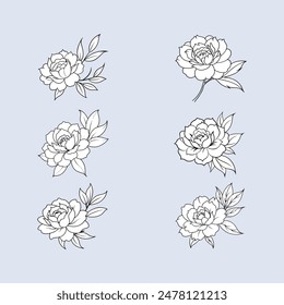 This digital product is a graphic design file featuring detailed line art illustrations of realistic ikebana (Japanese flower arranging) and peony flowers, complete with leaves. 