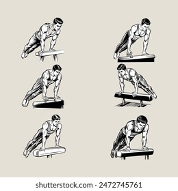 This digital product offers a vector logo icon depicting athletes engaged in pommel horse gymnastics. The design captures the dynamic and graceful movements of gymnasts on the pommel horse.