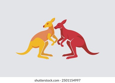 This digital product is a vector artwork featuring two adult kangaroos in a dynamic pose, actively engaged in a fight. 