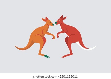 This digital product is a vector artwork featuring two adult kangaroos in a dynamic pose, actively engaged in a fight. 