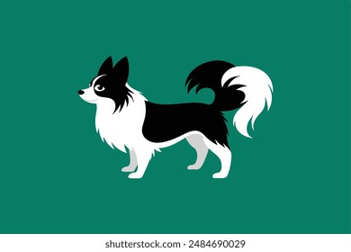 Este producto digital es una Ilustración vectorial de un perro Papillon blanco y negro. La obra de arte captura la elegancia y características distintivas de la raza Papillon en un estilo limpio y monocromático.