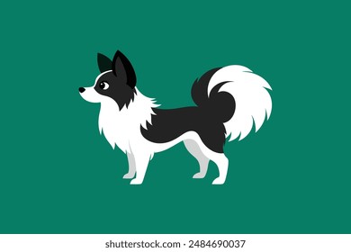 This digital product is a vector illustration of a black and white Papillon dog. The artwork captures the elegance and distinctive features of the Papillon breed in a clean, monochromatic style.