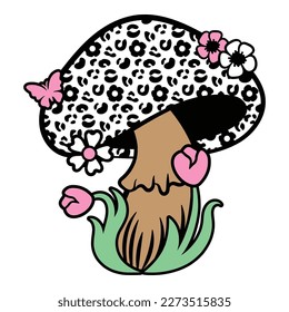 This digital vector file boasts a fascinating leopard print mushroom covered in colorful tulips, combining nature and animal prints in a unique way. Ideal for any creative projects that are whimsy