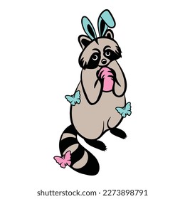 This digital vector file depicts a cute raccoon with bunny ears, adding a touch of whimsy to your Easter designs. The raccoon is holding an egg, adding to the Easter theme of the image. 