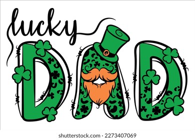 This digital vector file features the word "Dad" in bold, leopard print font with shamrocks incorporated for a St. Patrick's Day twist. Perfect for any dad with a wild side!