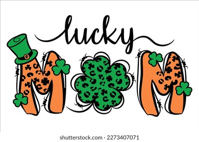 This digital vector file features the word "Mom" in bold, leopard print font with shamrocks incorporated for a St. Patrick's Day twist. Perfect for any mom with a wild side!