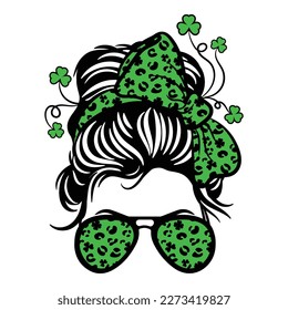 This digital vector file features a stylish woman wearing sunglasses and sporting a messy bun, both adorned in festive St. Patrick's Day leopard print. Perfect for any St. Patrick's Day themed project