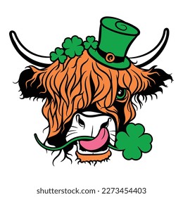 This digital vector file features a cheerful cow wearing a top hat, holding a lucky shamrock in her mouth. The design is perfect for St. Patrick's Day festivities and can be used for creative projects