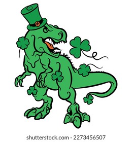 Diese digitale Vektordatei verfügt über einen fröhlichen T-Rex, der einen grünen Shamrock im Mund und einen stylischen Top-Hut auf dem Kopf hat. Großartiges Design für kreative Projekte oder Dinosaurier-Designs.