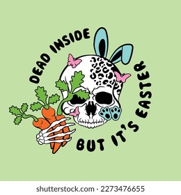This digital vector file features a unique and playful design of a skull wearing rabbit ears, adorned with leopard print and holding a carrot. A fun and edgy addition to any Easter-themed project