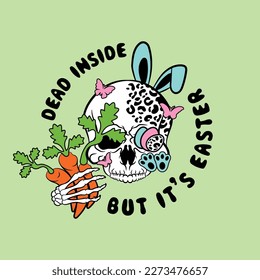 This digital vector file features a unique and playful design of a skull wearing rabbit ears, adorned with leopard print and holding a carrot. A fun and edgy addition to any Easter-themed project