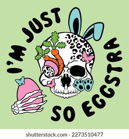 This digital vector file features a unique and playful design of a skull wearing rabbit ears, adorned with leopard print and holding an egg. A fun and edgy addition to any Easter-themed project