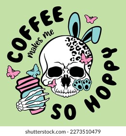 This digital vector file features a unique and playful design of a skull wearing rabbit ears, adorned with leopard print and holding a coffee cup. A fun and edgy addition to any Easter-themed project