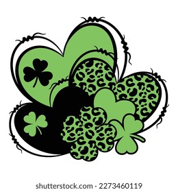 This digital vector file showcases a unique design of three hearts in green and black, embellished with leopard print and a shamrock accent. Ideal for projects related to St. Patrick's Day or for addi