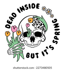 This digital vector file showcases a unique and edgy design of a skull adorned with leopard print and surrounded by tulips. Perfect for adding a touch of boldness to any graphic design project.