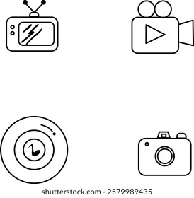 This digital vector illustration features a set of minimalist black and white media and photography icons, including a television, video camera, security camera, and digital camera. 