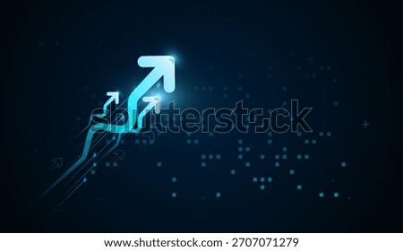 This digital-style upward arrow glows brightly as it rises, illustrating momentum, strategy, and technological progress. The upward movement Arrows the digital world.