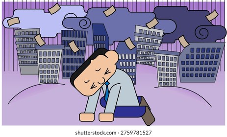 This is a disaster preparedness illustration depicting a male office worker crouching down in fear of an earthquake.