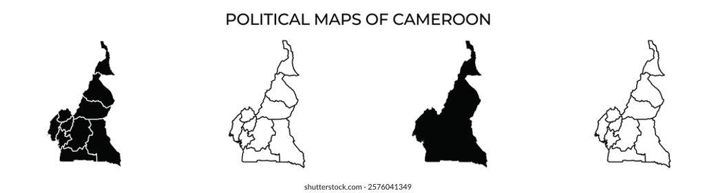 This display features four variations of political maps of Cameroon, showcasing regional boundaries in different styles. Each map illustrates diverse aspects of the countrys geography.