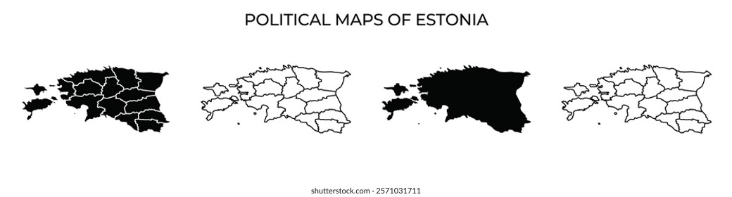 This display features various political maps of Estonia, showcasing the countrys administrative divisions in contrasting colors. Each map highlights different regions clearly.