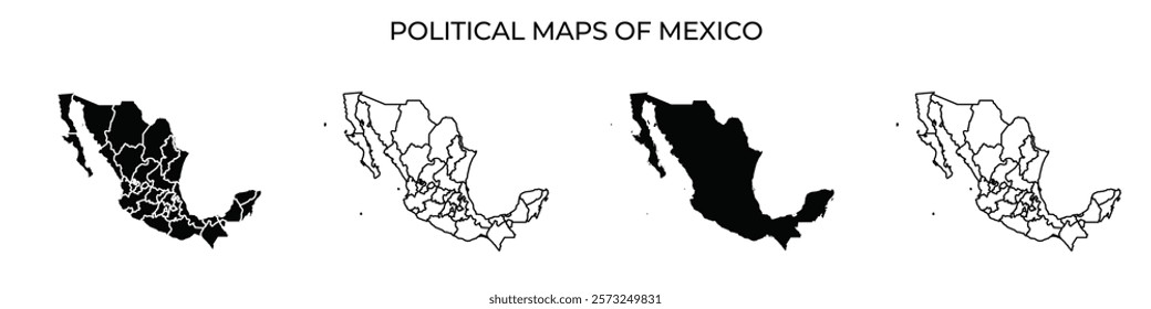 This display highlights various political maps of Mexico, illustrating its distinct regions and boundaries. Each map represents different territorial divisions and geographies.