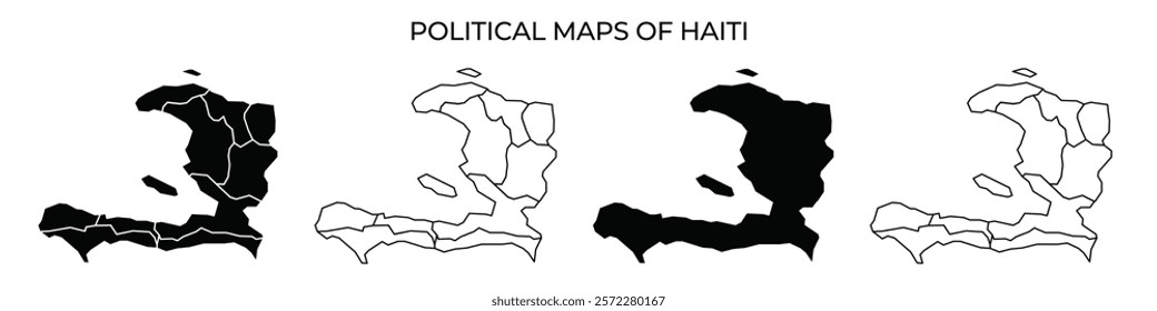 This display presents various political maps of Haiti, showing changes in the administrative divisions. It highlights the evolution of boundaries across the region.