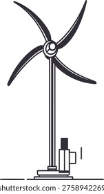 This distinct icon features a traditional wind turbine, drawn with bold black outlines, highlighting its robust structure. The design includes a strong central mast supporting four solid, slightly curved blades that convey a sense of power and efficiency. The base of the turbine is detailed with a visible mechanism, suggesting the machinery involved in converting wind into energy. This graphic is an excellent representation of sustainable energy production and environmental consciousness, suitable for educational resources, energy sector marketing, climate change awareness campaigns, or any project illustrating the importance of renewable power sources with a more classic aesthetic.