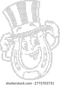 This dither halftone pixeleted bitmap character illustration presents a retro vintage design graphic element featuring a cartoon face of a man resembling Uncle Sam a patriotic USA American symbol rendered with a unique dot pattern and pixelated black white monoc...