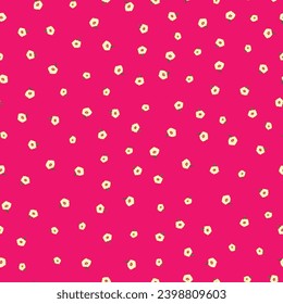 This ditsy vector repeat seamless pattern design created with the tiny yellow blossoms of the bougainvillea scattered on a bright pink background.
