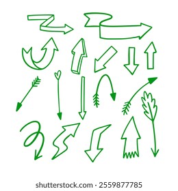 This is a diverse collection of vibrant, green arrows, crafted in various styles for versatile design use