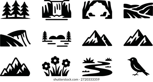Este conjunto de íconos diversos captura varios Elementos del aire libre, como bosques, valles, ríos y animales, en un estilo claro y simple.