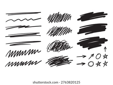 This diverse set features various hand-drawn graphic elements in black ink on a clean white background, including wavy and straight underlines, dense scribbled textures, solid marker strokes, directional arrows, simple circles, and star shapes,