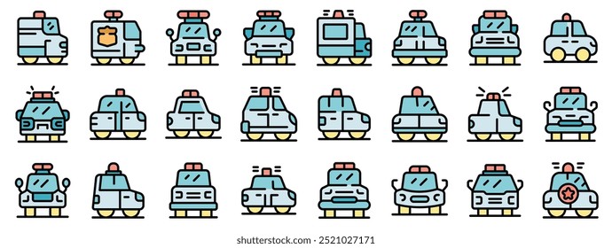 This diverse set of icons features various police cars and emergency vehicles, emphasizing the concepts of law enforcement, security, and public safety