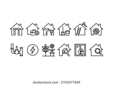 This diverse set of line art icons, each enclosed within a house silhouette, visually communicates essential home services. It features symbols for plumbing, electrical work, plant care, painting, window cleaning, and general repairs, offering